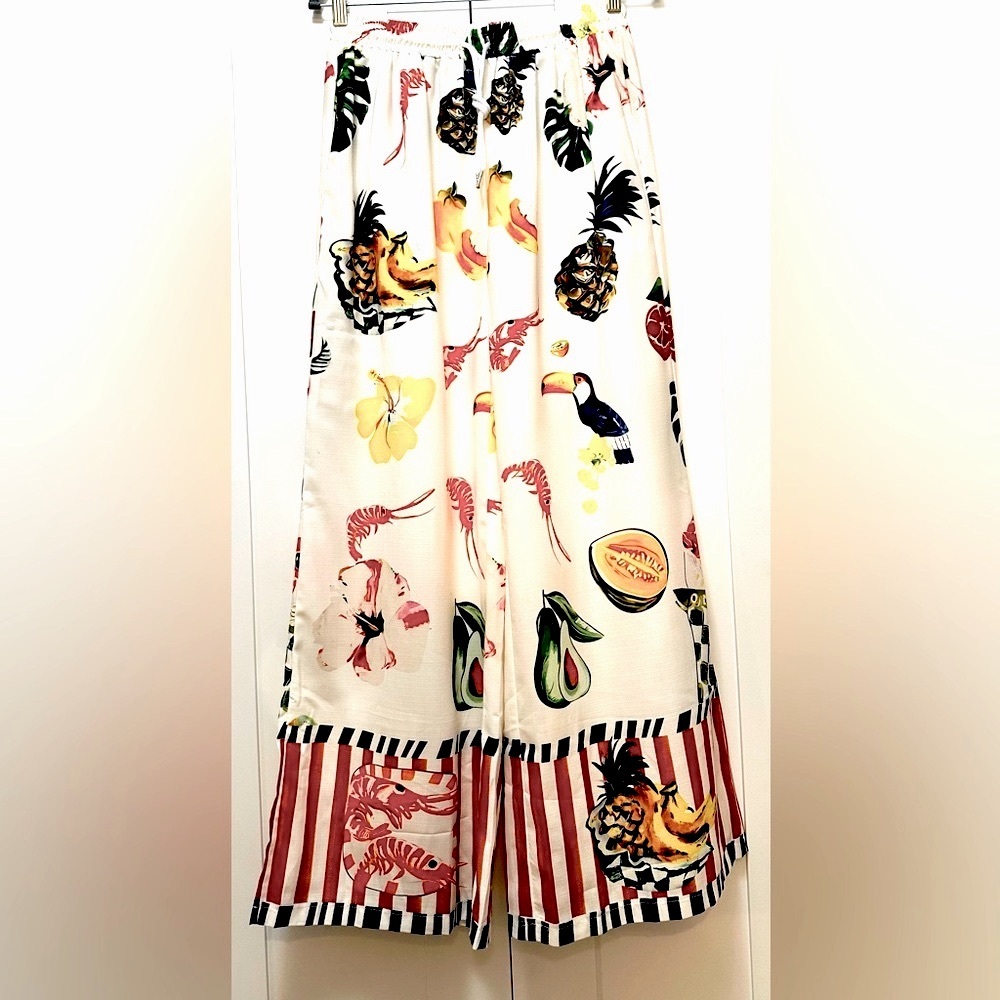 Tropical Print Wide-Leg Linen & Polyester Pants NEW!